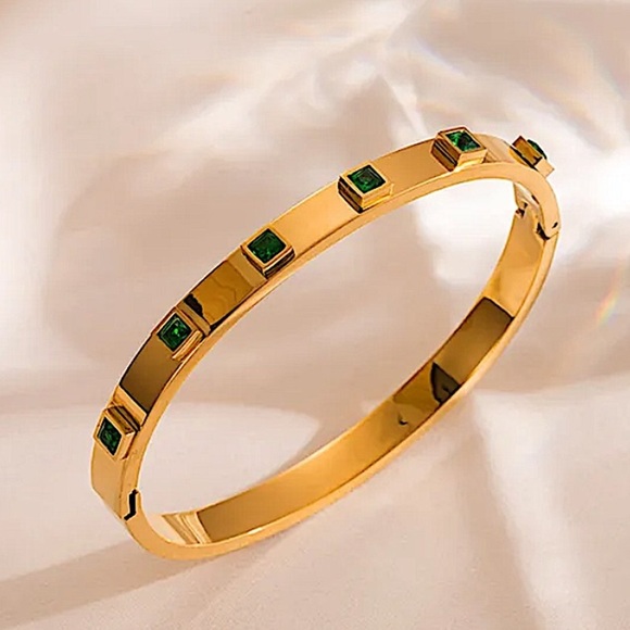 Gold Plated Emerald Zircon Bangle Bracelet - Picture 1 of 4